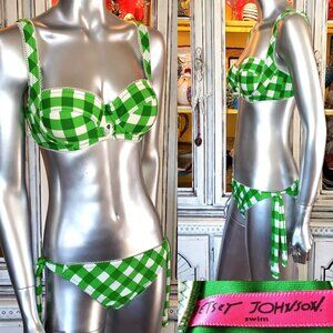 Vintage Betsey Johnson Pinup Bikini Green Gingham Plaid Checker Swimsuit Sz M